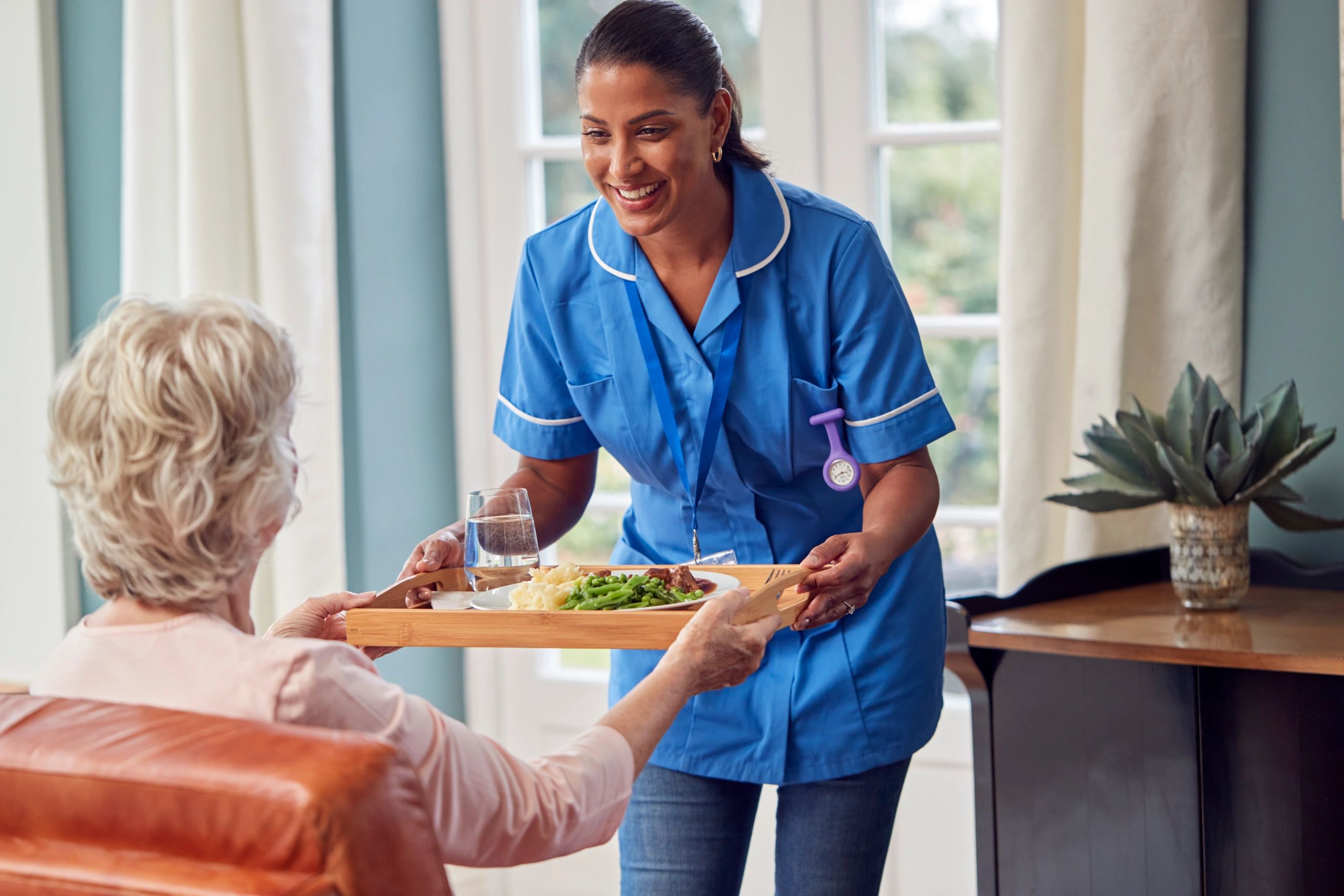 Caregiver providing daily living support to senior